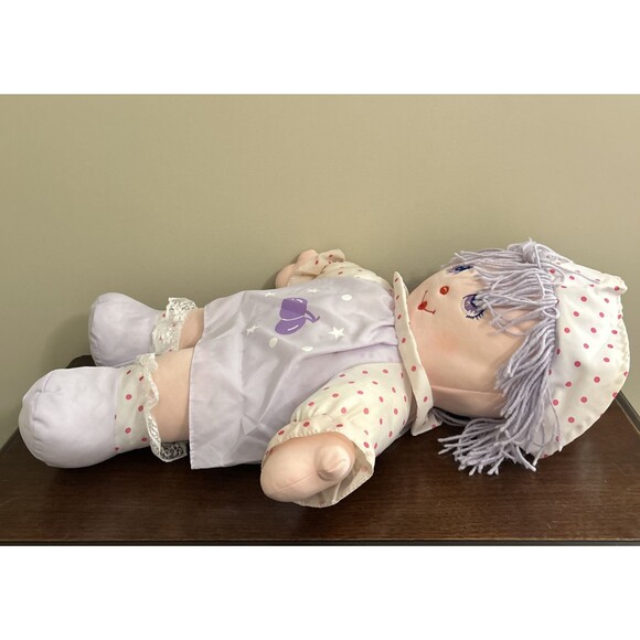Vintage DOLLY MINE Plush Doll Purple Dress Eyes Hair Cherries Pink Dots 22" - Picture 7 of 10